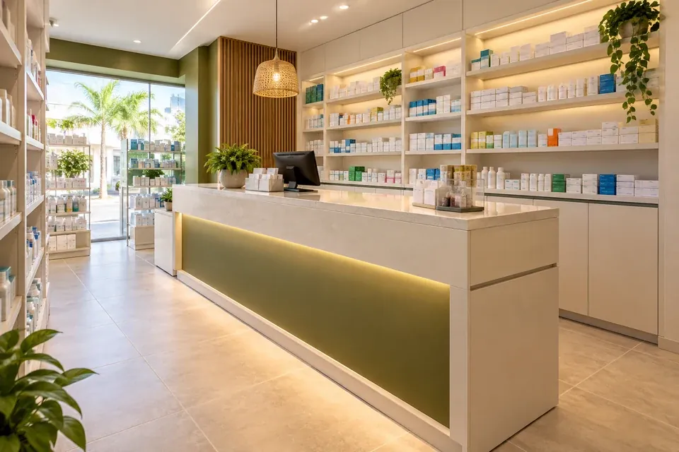 Mostrador comercial claro con almacenamiento cerrado y estanterías para productos