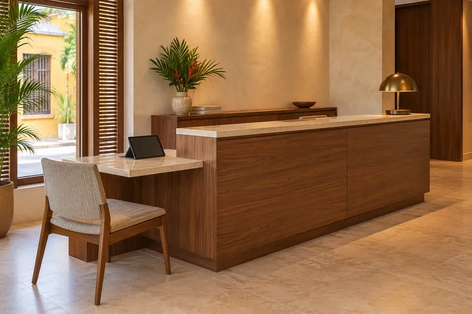 Mostrador de recepción hotelera de madera con superficie clara y paneles sin manijas