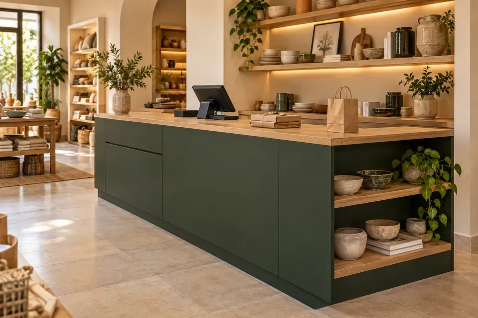 Mueble de caja con exhibición lateral, puertas sin manijas y apoyo para empaques