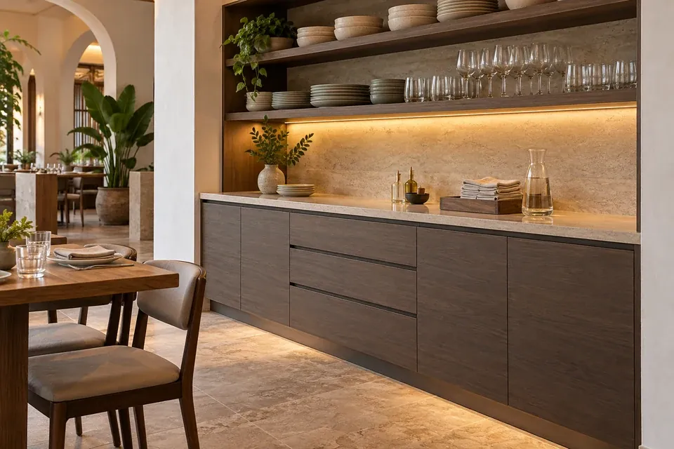 Mueble auxiliar de servicio para restaurante con cubiertos, vajilla y puertas sin manijas