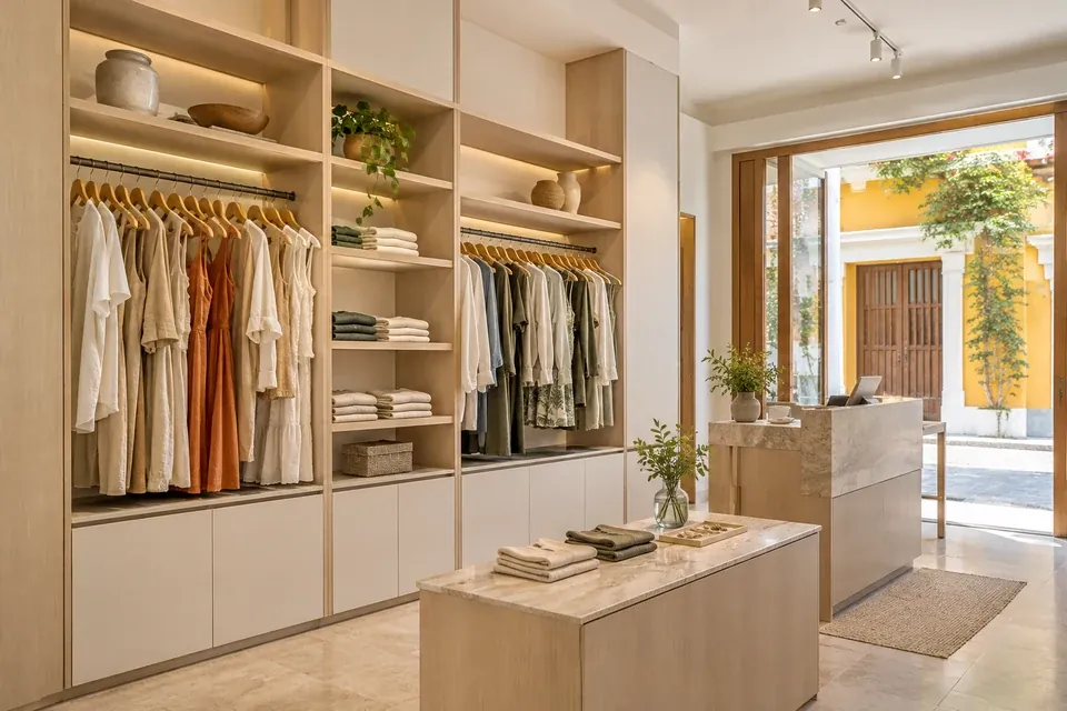 Mobiliario de exhibición para una boutique con estantes, barras de ropa y mostrador sin manijas