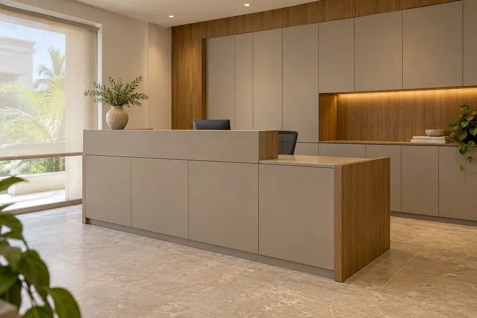 Mostrador de recepción en greige y roble con archivo cerrado sin tiradores