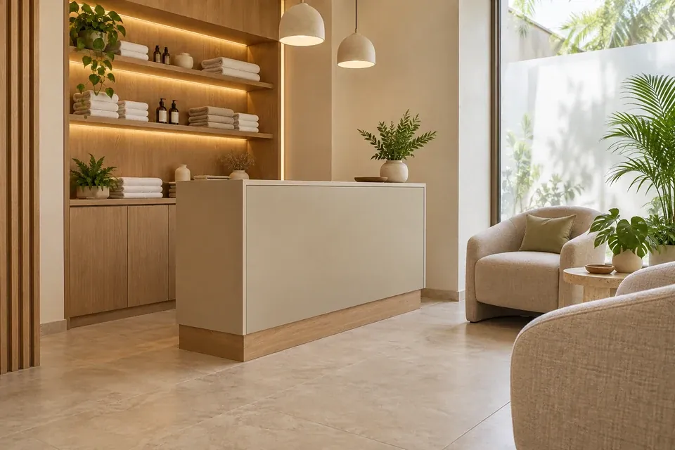 Recepción de spa en arena mate con módulos sin manijas y almacenamiento para toallas