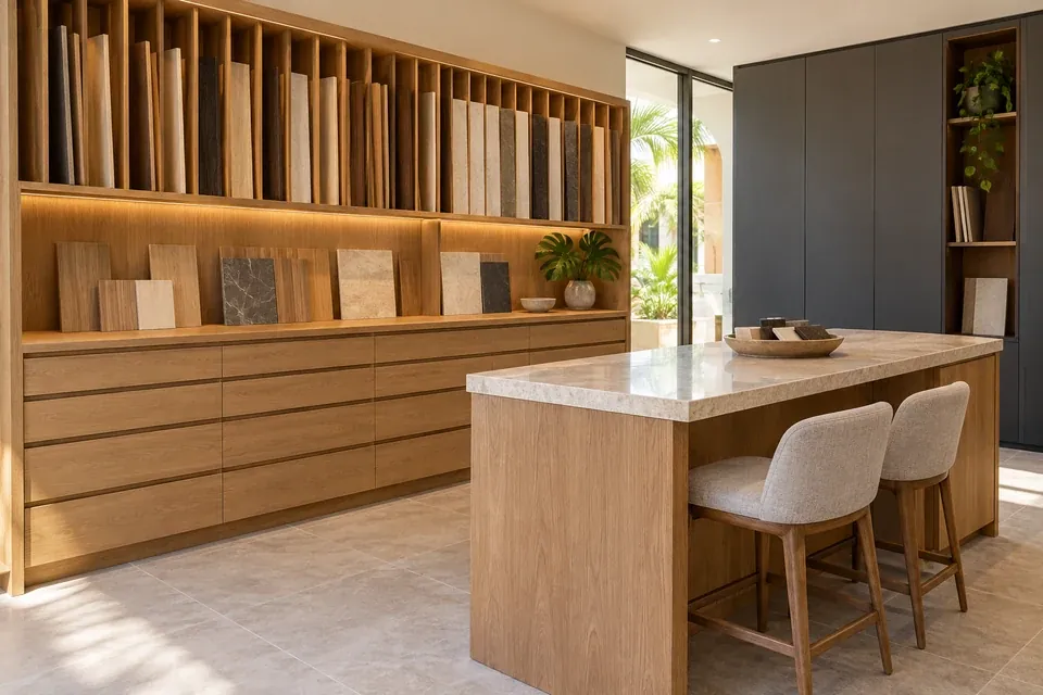 Mueble de exhibición de muestras de acabados con cajones sin manijas y mesa de asesoría