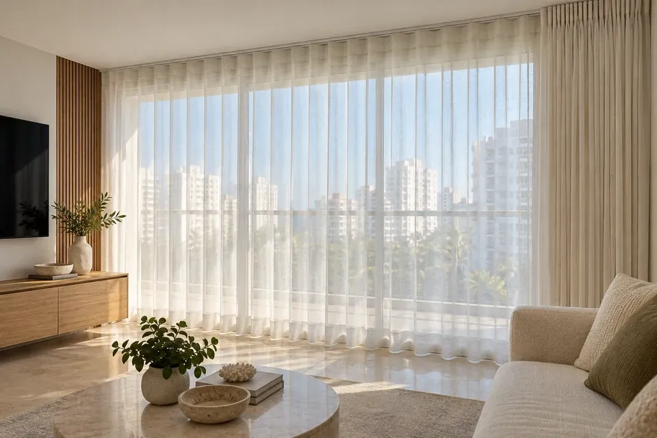 Cortinas de lino blanco de piso a techo en sala con mobiliario de madera