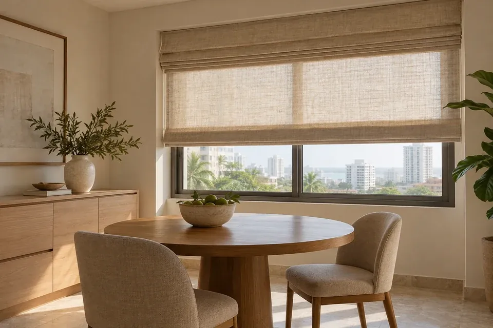 Cortina romana de lino en comedor pequeño con mueble auxiliar de madera