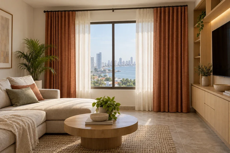 Cortinas terracota de tejido mate en sala con muebles de roble