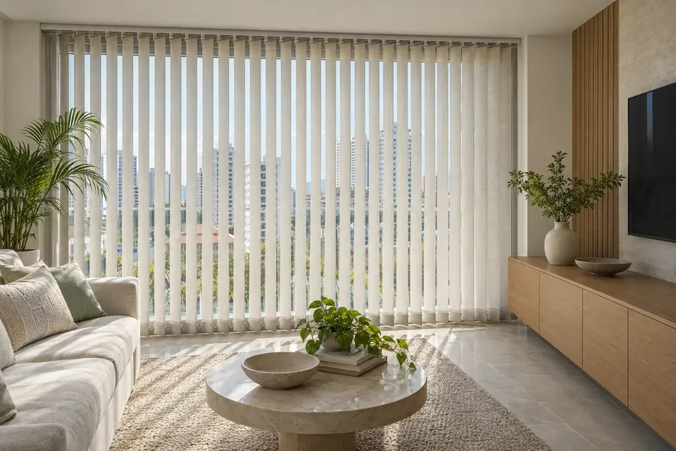 Persiana vertical textil en ventana amplia de sala con mobiliario contemporáneo