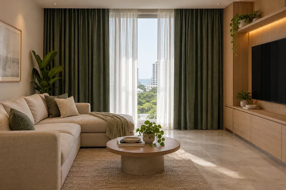 Cortinas opacas verde oscuro con velo interior en sala de televisión