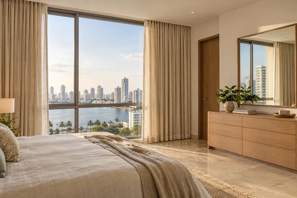 Cortinas arena de piso a techo en dormitorio con cómoda personalizada