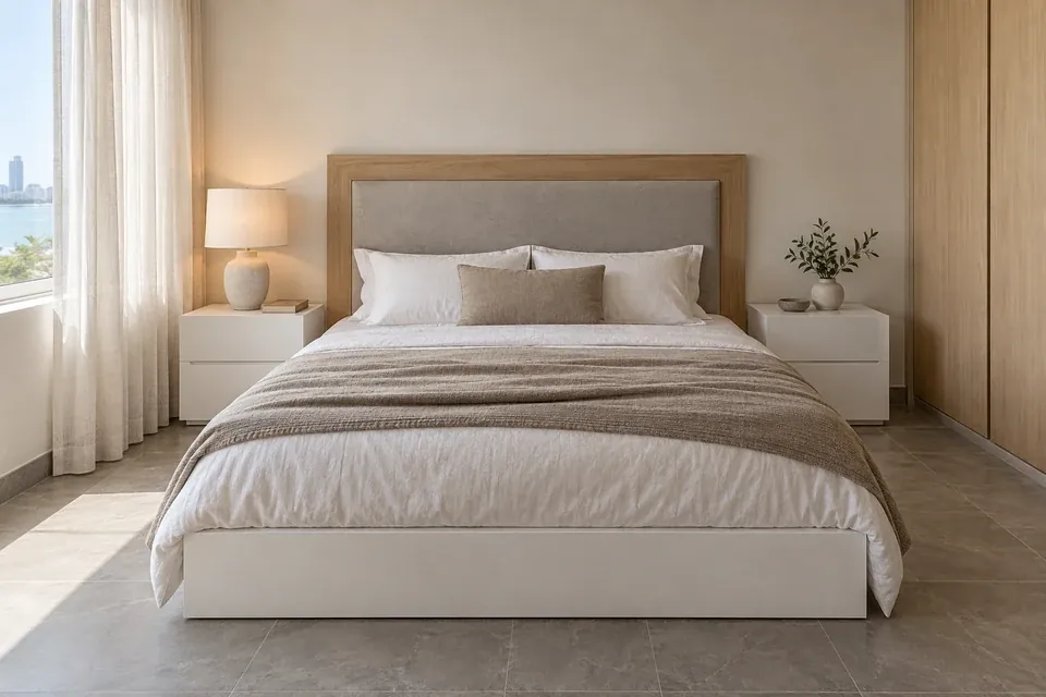 Mesas de noche blanco brillo sin manijas con cabecero de madera clara y panel tapizado gris, en dormitorio luminoso