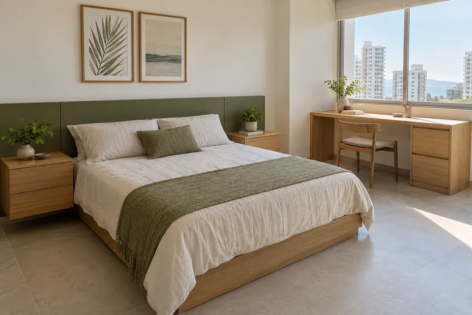 Dormitorio con cabecero verde oliva y roble, mesas de noche lisas y escritorio lateral integrado
