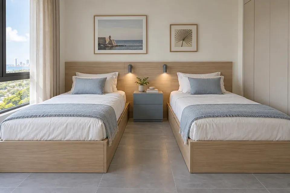 Dormitorio de dos camas individuales en roble claro con cabecero continuo y mesa de noche central de frentes lisos