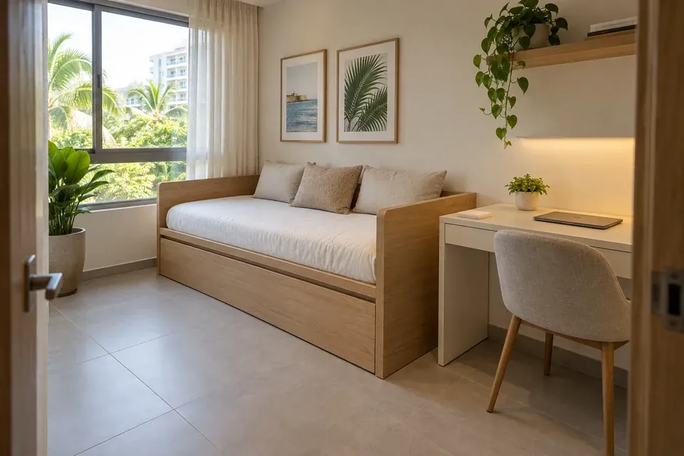 Habitación de huéspedes con cama nido en madera clara y escritorio compacto de frentes lisos
