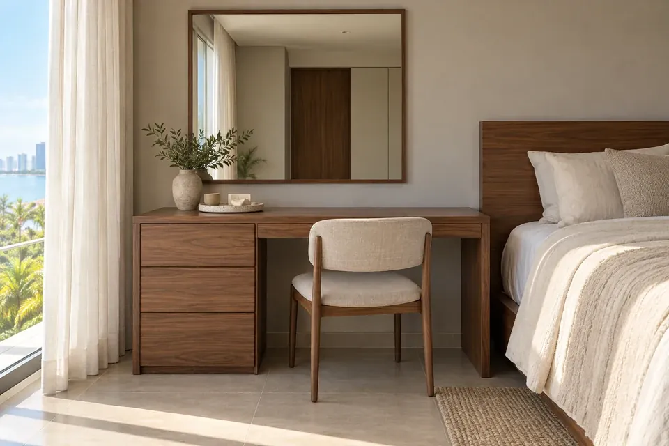 Tocador de dormitorio en nogal con cajones lisos y espejo rectangular, acompañado por cabecero de la misma madera