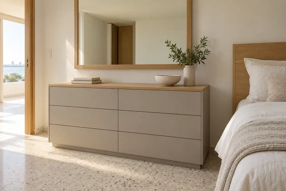 Cómoda de dormitorio greige sin manijas con sobre de roble y espejo, junto a cama de tonos claros