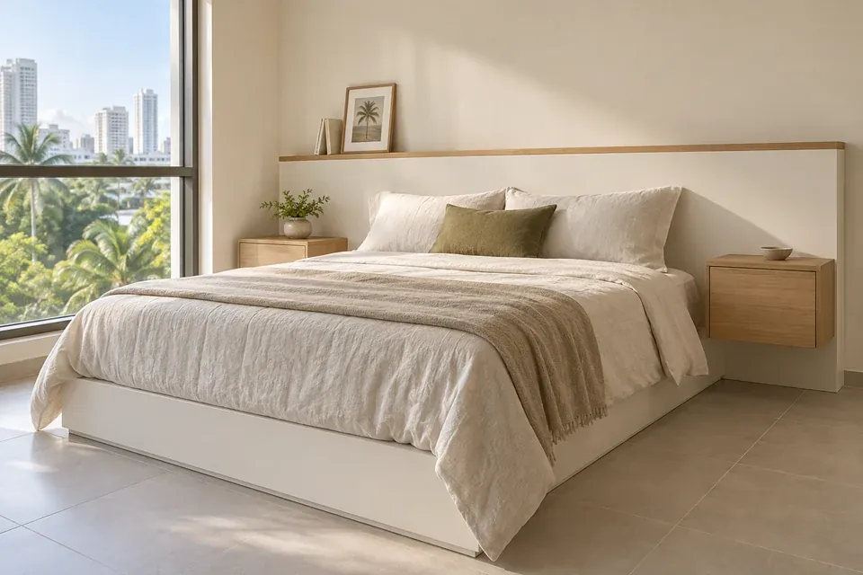 Dormitorio de cama doble con panel de cabecero blanco mate, repisa en roble y mesas de noche de frentes lisos