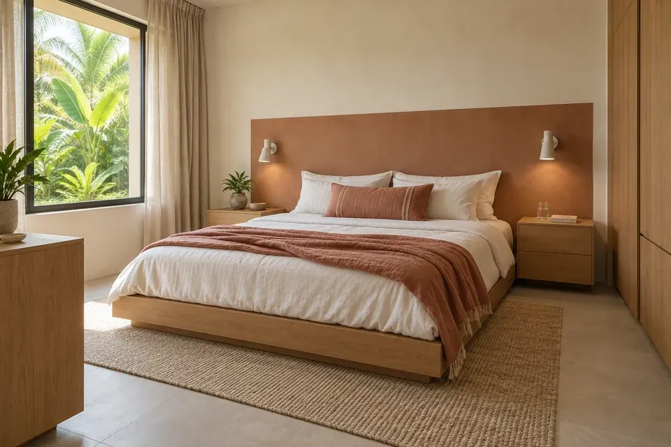 Dormitorio con cabecero color arcilla suave, base de cama apoyada y mesas de noche lisas en roble