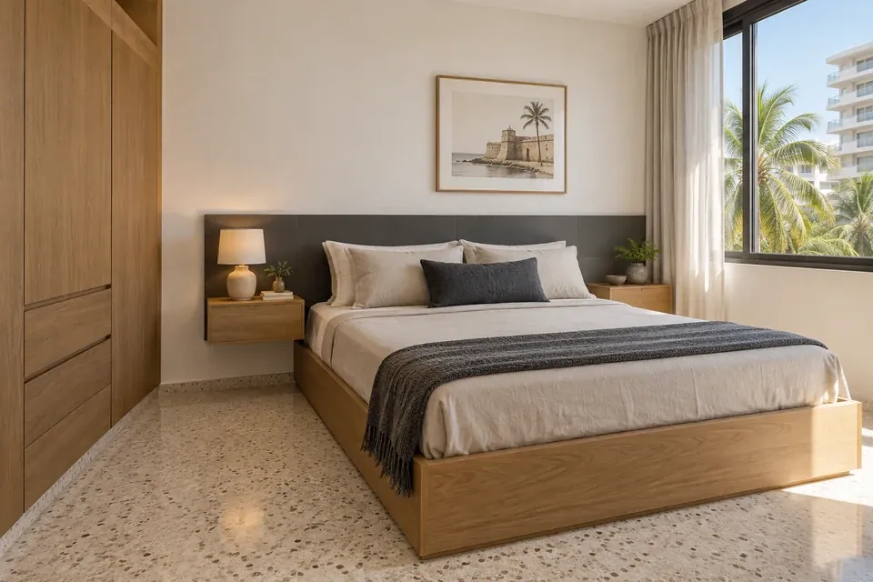 Dormitorio con panel de cabecero grafito, mesas de noche de roble sin manijas y base rectangular apoyada