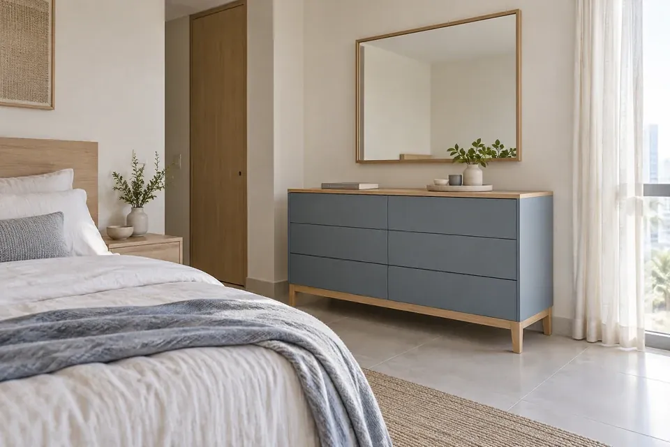 Cómoda azul grisado de cajones sin manijas junto a cama con cabecero en madera clara