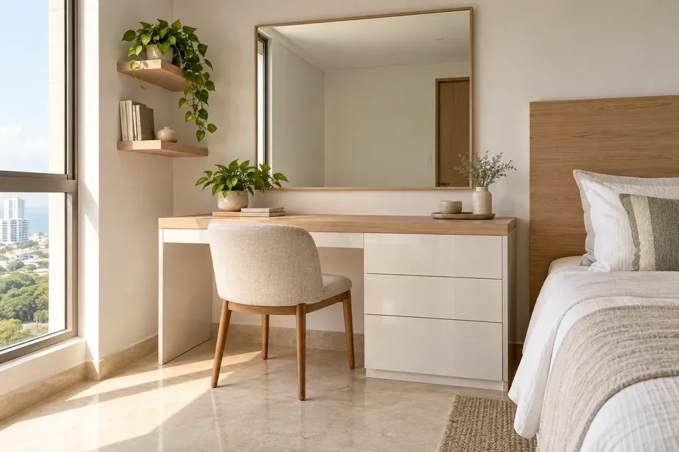 Tocador blanco brillante de cajones lisos y repisas de roble en un dormitorio con cama de tonos naturales