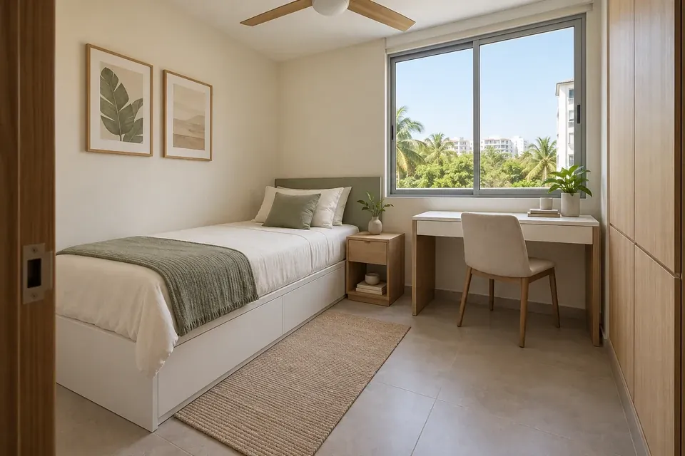 Dormitorio de huéspedes con cama individual apoyada, escritorio blanco y cabecero verde salvia, todos los frentes sin manijas