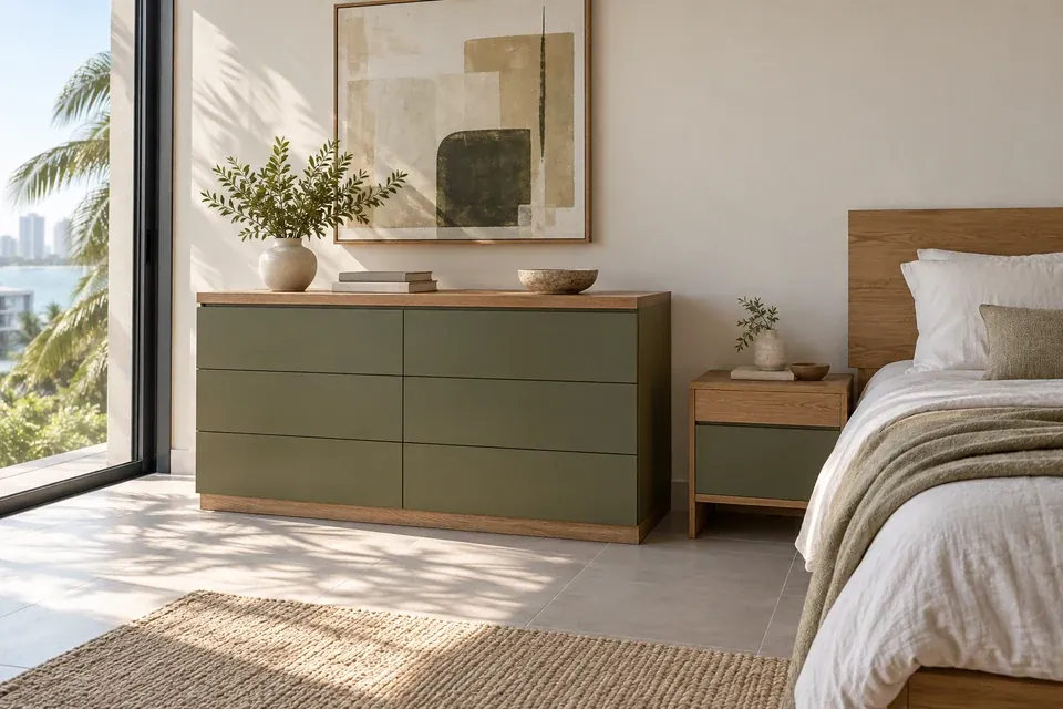 Cómoda de dormitorio verde oliva de cajones sin manijas con sobre de roble y mesa de apoyo junto a cama clara