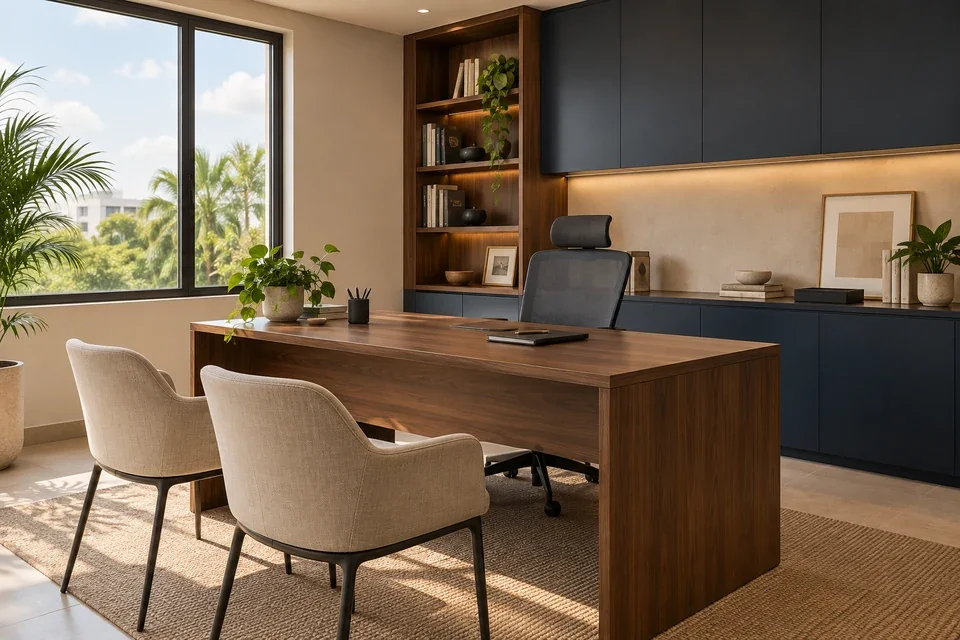 Escritorio ejecutivo en nogal con credenza azul profundo y biblioteca integrada