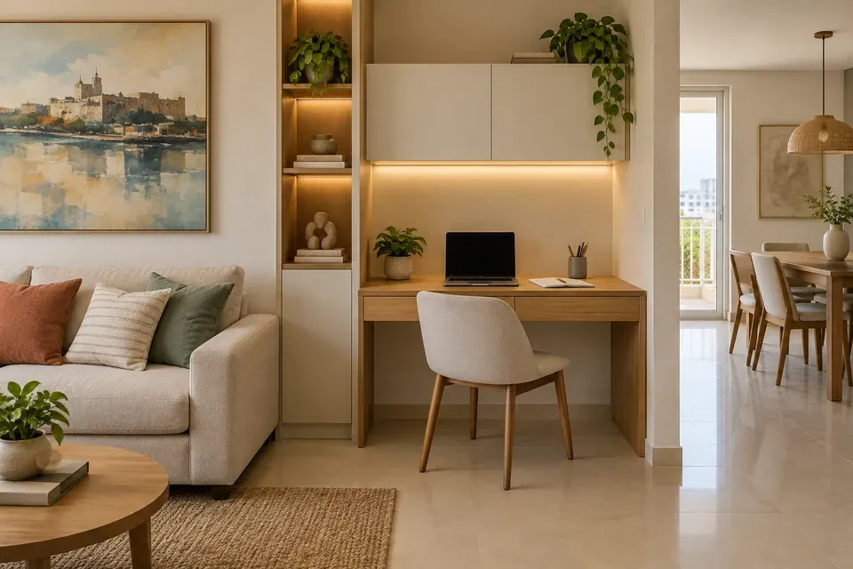 Escritorio compacto integrado a un nicho con puertas superiores y luz de trabajo