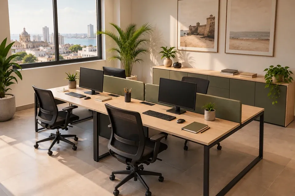 Mesa de trabajo para cuatro puestos con divisores bajos y almacenamiento lateral