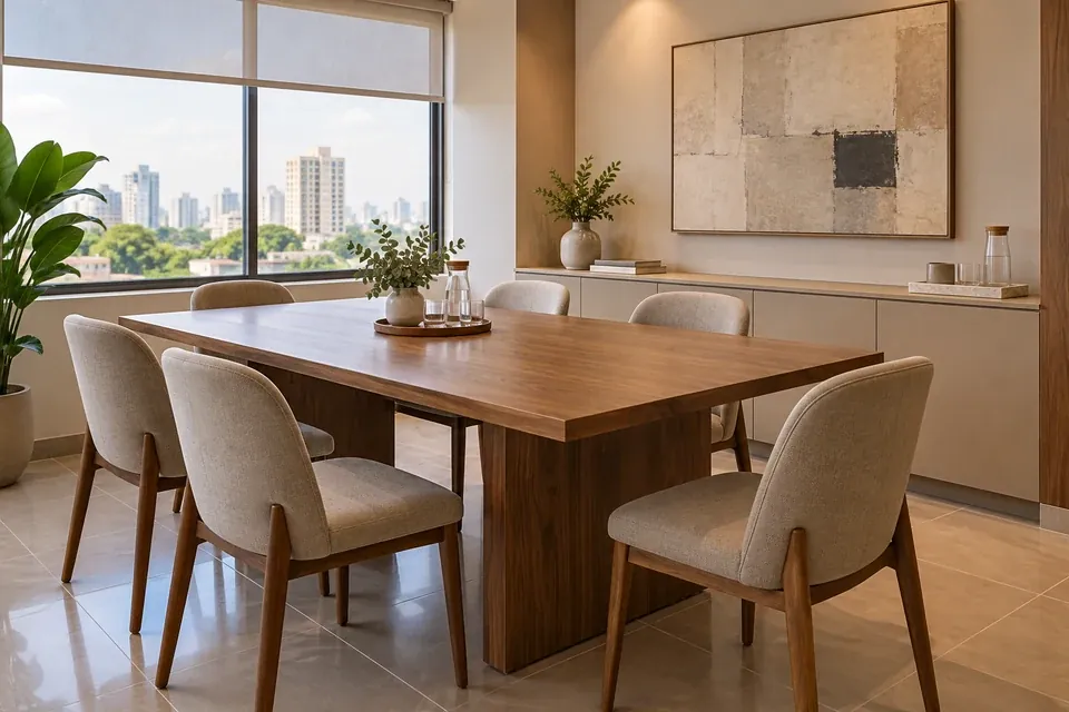 Sala de reunión con mesa de nogal para seis y credenza color arena
