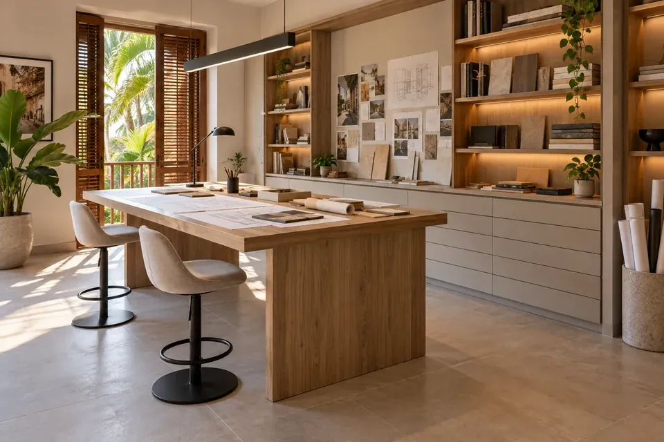 Mesa de trabajo amplia con cajones planos y biblioteca para un estudio creativo