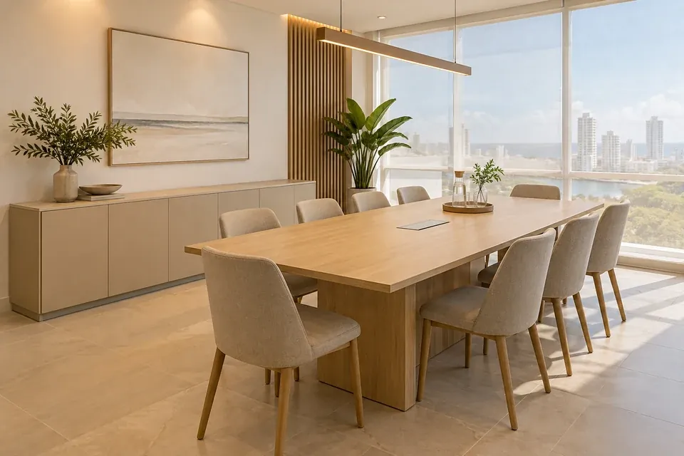 Mesa de juntas clara para ocho personas y mueble auxiliar bajo