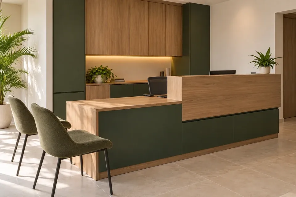 Mostrador de recepción en madera y verde profundo con áreas de atención a dos alturas