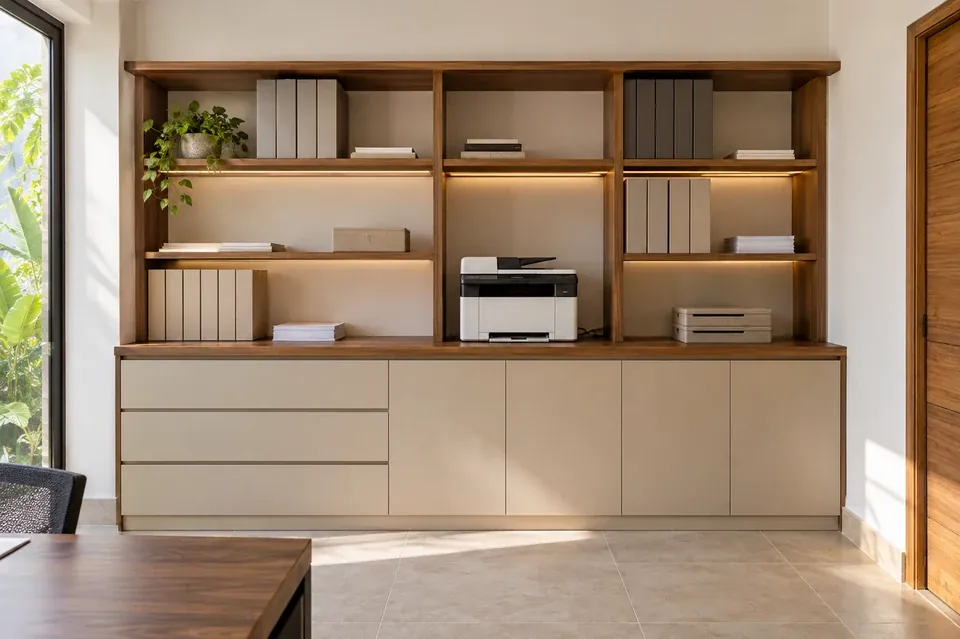 Mueble de archivo color arena con cajones, puertas y una zona de impresión
