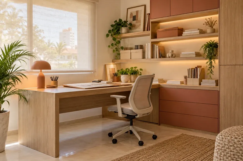 Mesa amplia para estudio con almacenamiento lateral y repisas a distintas alturas