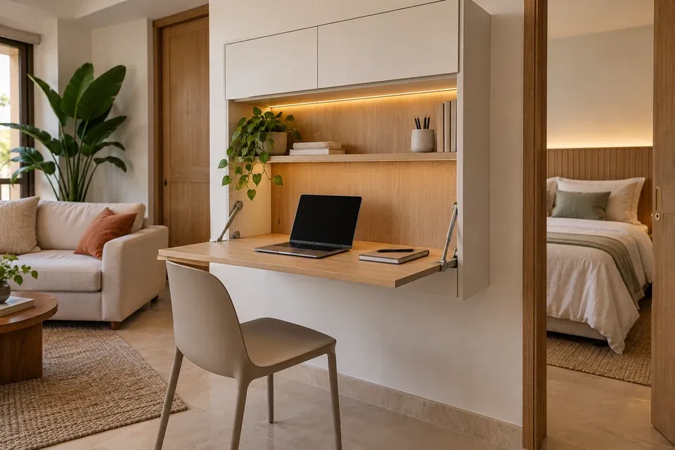 Mueble compacto con escritorio abatible abierto, herrajes visibles y almacenamiento superior
