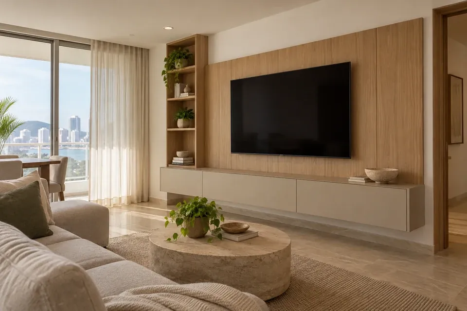 Mueble de televisión en roble natural y bajo flotante color arena, con biblioteca lateral en una sala cartagenera