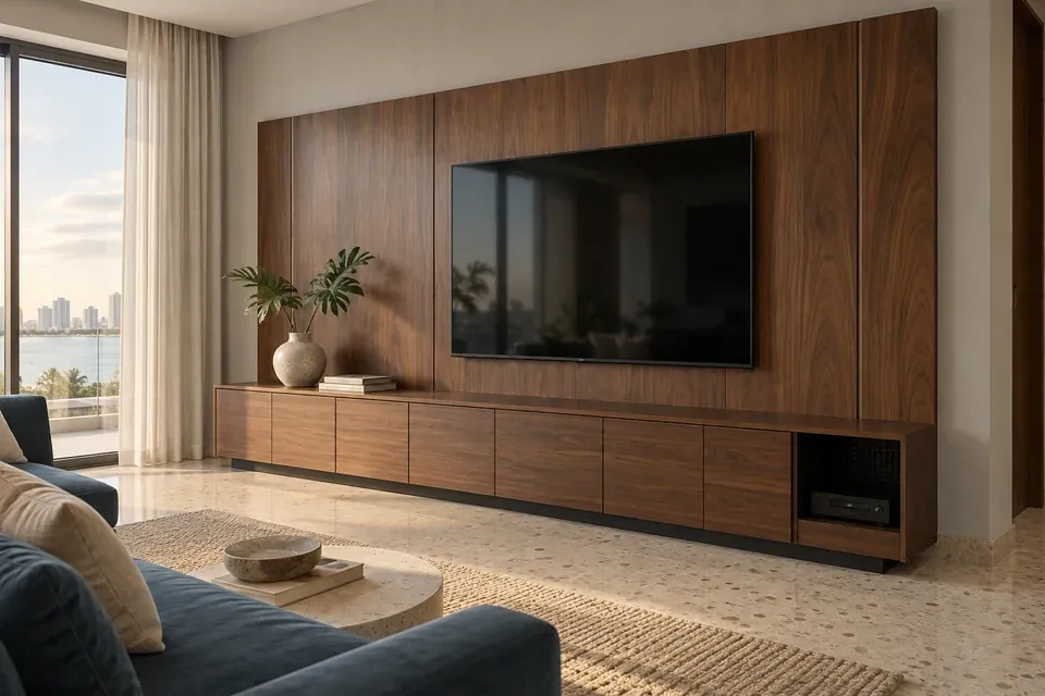 Panel de televisión en nogal oscuro con mueble apoyado sobre zócalo y nicho ventilado para equipos