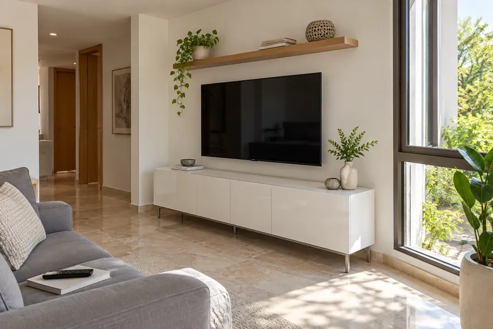 Mueble compacto blanco brillante con repisa en roble y televisión en muro claro de un apartamento