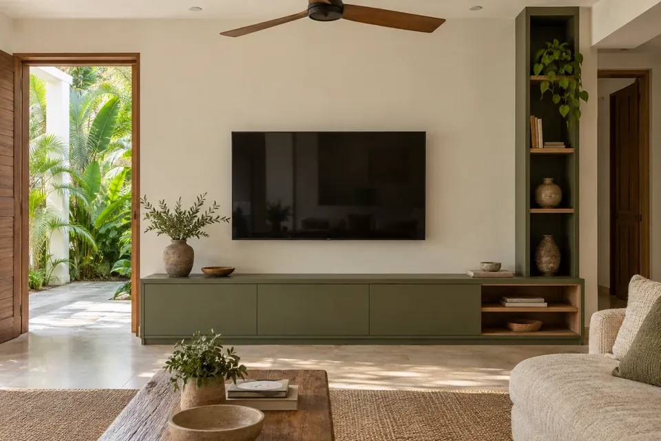 Mueble de televisión color verde oliva mate con módulos abiertos de roble, en sala de una casa contemporánea