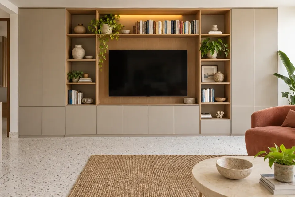 Biblioteca a medida en greige con estantes de roble y televisión integrada, en sala con piso de porcelanato