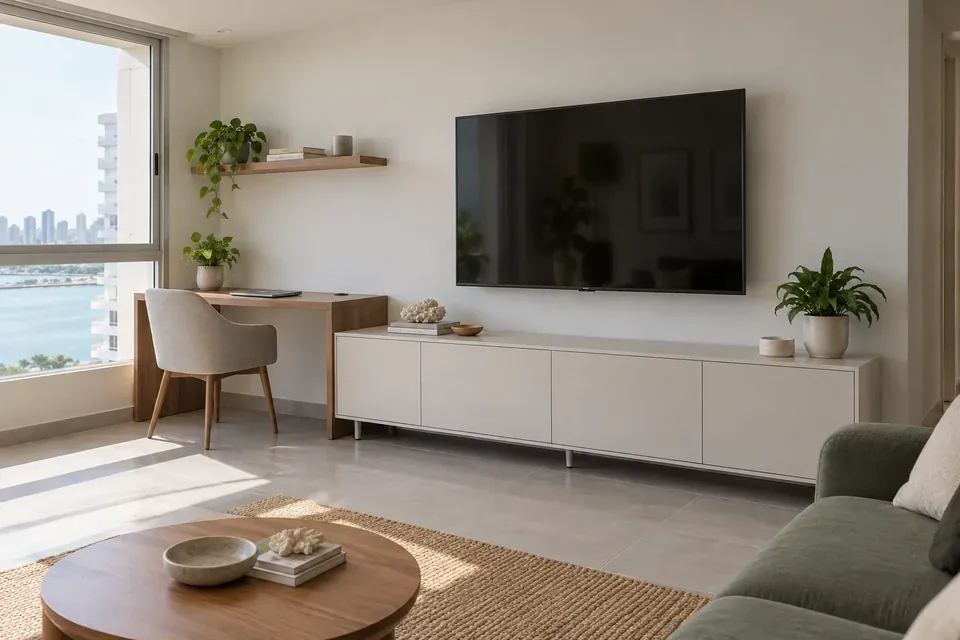 Mueble de televisión blanco mate con escritorio lateral en madera y silla de trabajo en un apartamento