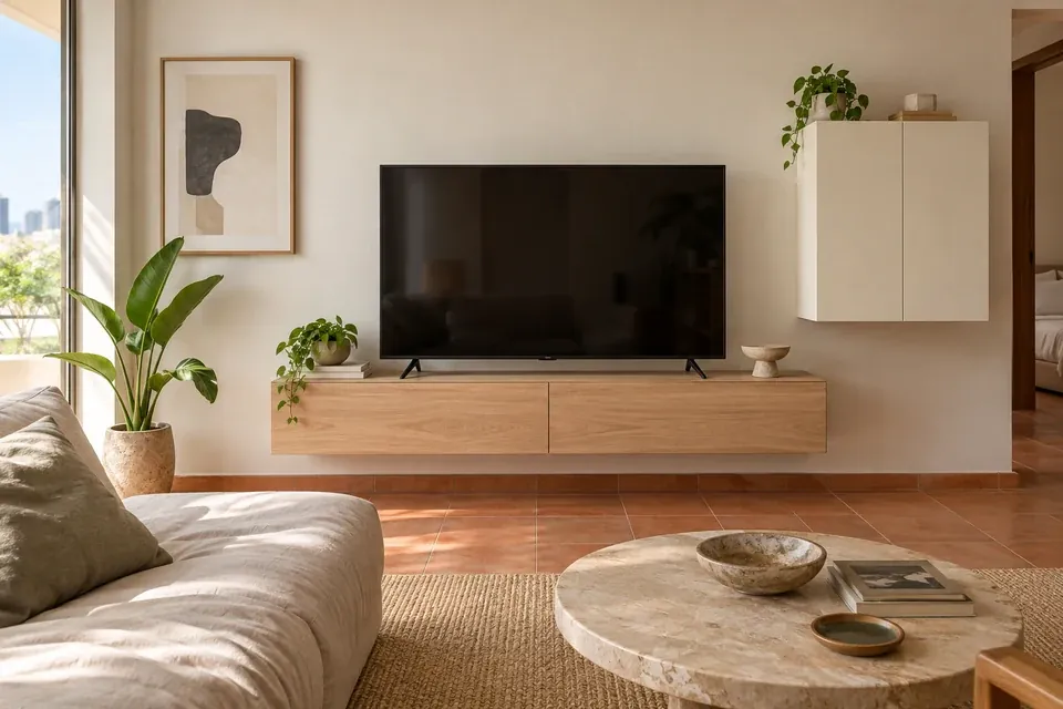Composición de televisión en fresno claro con bajo suspendido y alacena lateral corta color marfil