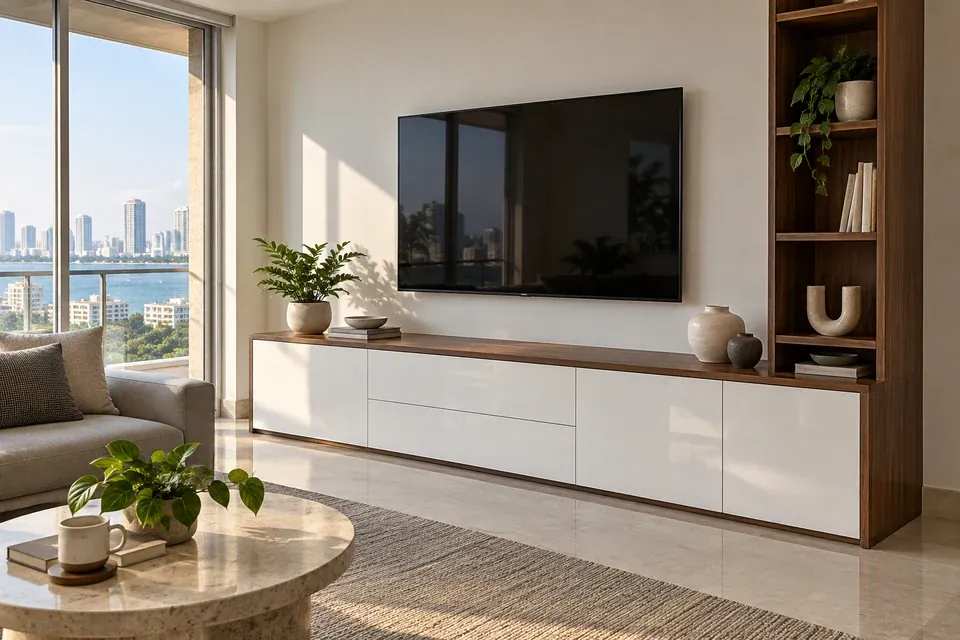 Mueble de televisión con frentes blancos brillantes sin manijas y detalles de nogal