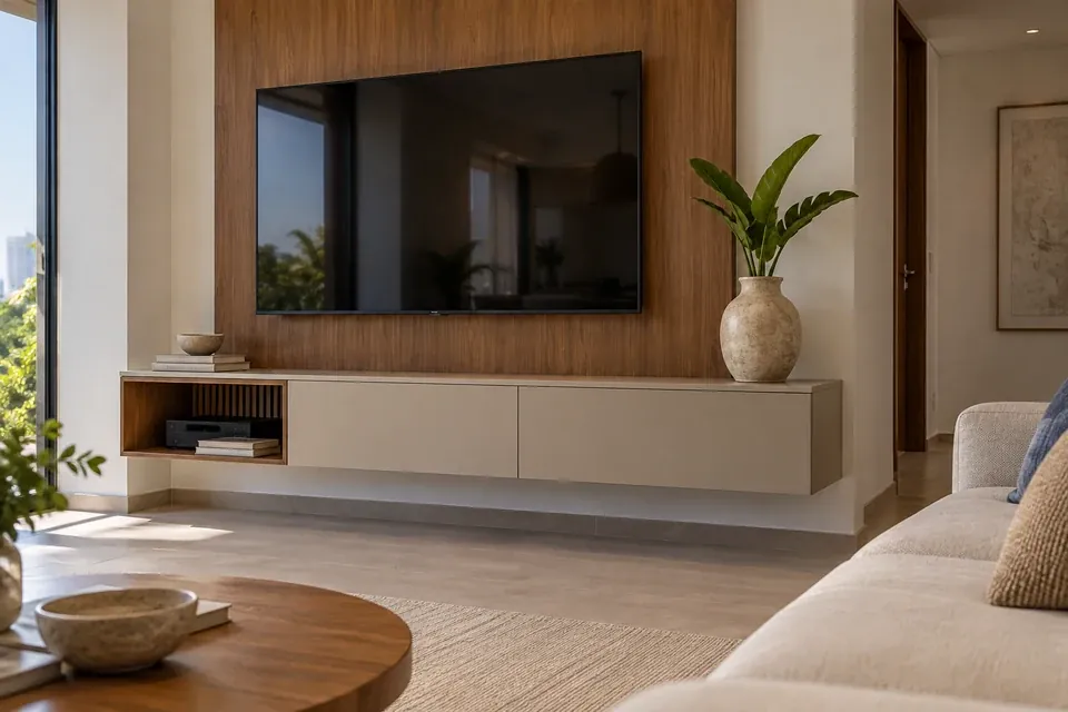 Mueble flotante arena mate con panel de televisión en madera cálida