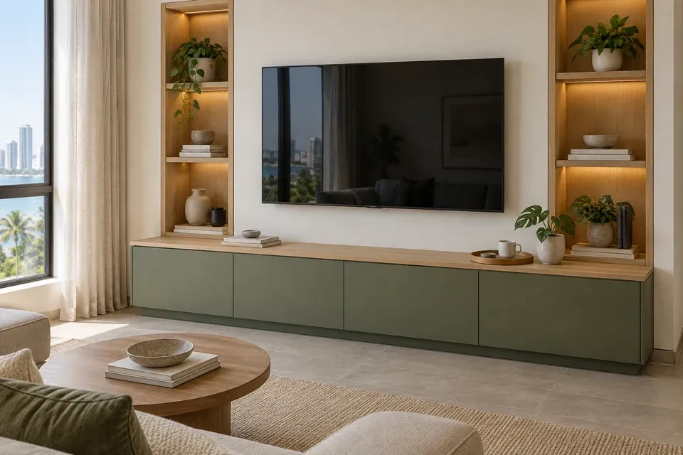 Mueble de televisión verde olivo mate con nichos en roble claro