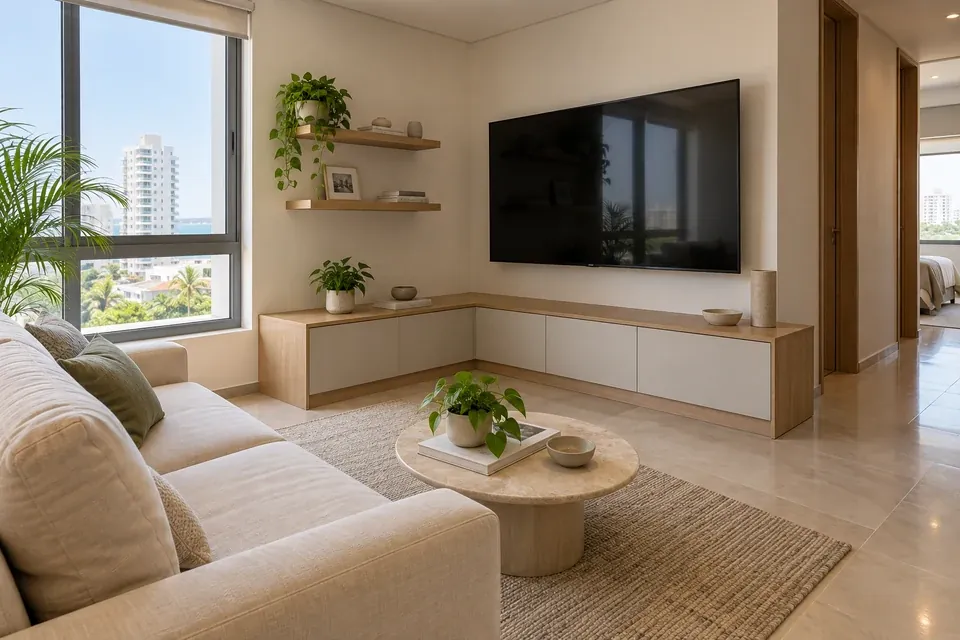Mueble de televisión esquinero a medida en madera y tono perla