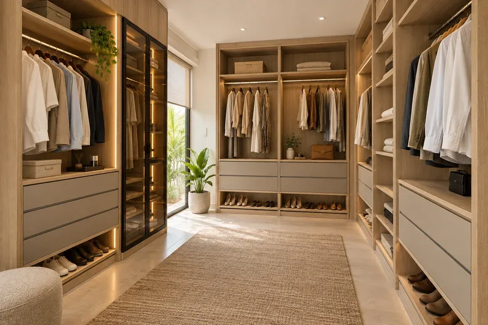 Propuesta de closet a medida con almacenamiento organizado y acabados en madera