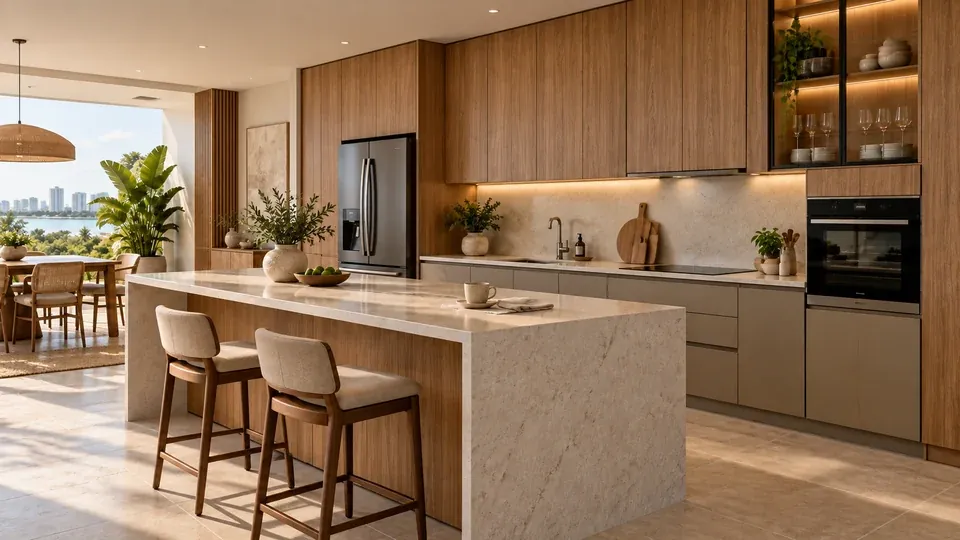 Propuesta arquitectónica de cocina en madera cálida, piedra clara y luz natural